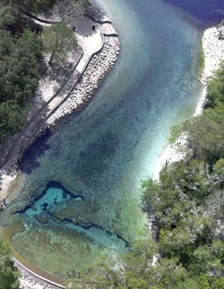 Aerial View of Little River Spring showing the spring head flowing into the Suwannee River